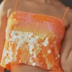 Anthropologie Orange Sequin Crop Top